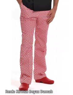 Kırmızı/Beyaz Damalı Alpaka Kumaş Beli Lastikli Aşçı Pantolonu