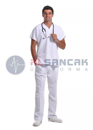 Erkek Yarasa Kol Beyaz Alpaka Doktor ve Hemşire Forma Üstü
