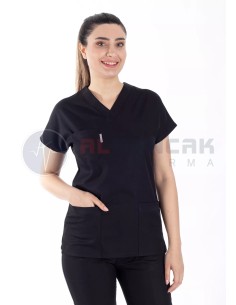Kadın Siyah Yarasa Kol Alpaka Doktor ve Hemşire Forması Takımı
