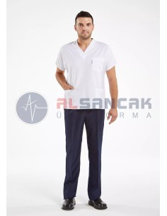 Erkek Yarasa Kol Alpaka Doktor ve Hemşire Forması Takımı (beyaz/lacivert) 2
