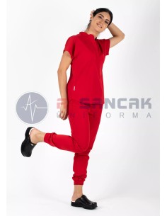 Snap Model Likralı Kırmızı Doktor ve Hemşire Forması Takımı 2