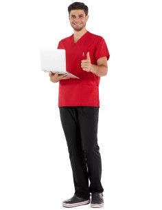 Erkek Kırmızı/Siyah Likralı Kalın Scrubs Doktor Forması Takımı 2