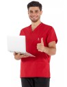 Erkek Kırmızı/Siyah Likralı Kalın Scrubs Doktor Forması Takımı