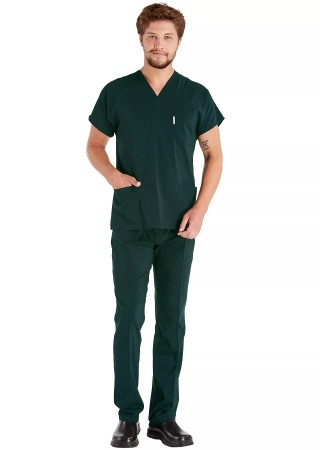 Erkek Ördekbaşı Yeşili Likralı Kalın Scrubs Doktor Forması Takımı