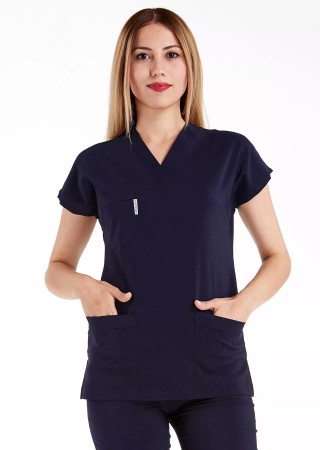 Lacivert Likralı İnce Scrubs Flex Doktor Hemşire Forması Üstü