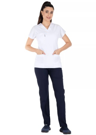 Beyaz/Lacivert Likralı İnce Scrubs Flex Doktor Hemşire Forması Takımı