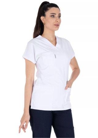 Beyaz/Lacivert Likralı İnce Scrubs Flex Doktor Hemşire Forması Takımı