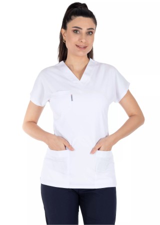 Beyaz/Lacivert Likralı İnce Scrubs Flex Doktor Hemşire Forması Takımı
