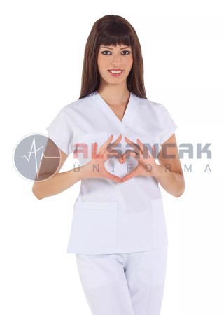 Kadın Beyaz Yarasa Kol Alpaka Doktor ve Hemşire Forması Üstü