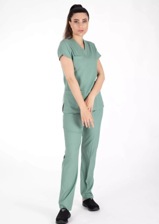 Çağla Yeşili Likralı İnce Scrubs Flex Doktor Hemşire Forması Takımı