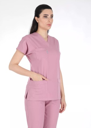 Pudra Likralı İnce Scrubs Flex Doktor Hemşire Forması Takımı