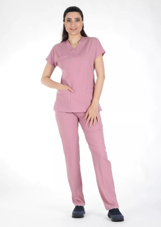 Pudra Likralı İnce Scrubs Flex Doktor Hemşire Forması Takımı