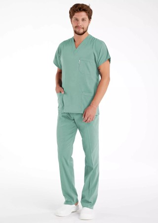 Erkek Çağla Yeşili Likralı İnce Scrubs Doktor Forması Takımı