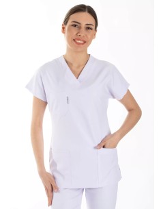 Beyaz Likralı İnce Scrubs Flex Doktor Hemşire Forması Üstü