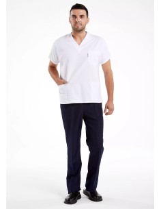 Erkek Beyaz/Lacivert Likralı İnce Scrubs Doktor Hemşire Forması Takımı
