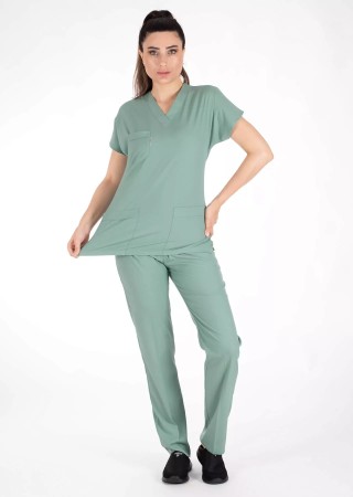 Çağla Yeşili Likralı Kalın Scrubs Flex Doktor Hemşire Forması Takımı