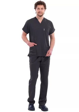 Erkek Antrasit Likralı Kalın Scrubs Doktor Forması Takımı