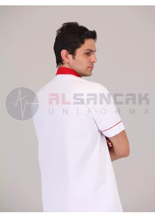 Kırmızı Biyeli Beyaz Aşçı Ceketi