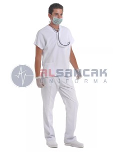 Erkek Beyaz Yarasa Kol Alpaka Doktor ve Hemşire Forması Takımı 2