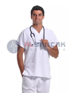 Erkek Beyaz Yarasa Kol Alpaka Doktor ve Hemşire Forması Takımı