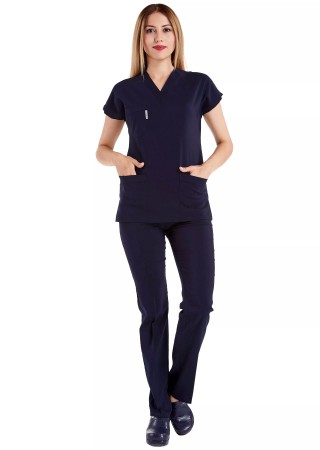 Lacivert Likralı İnce Scrubs Flex Doktor Hemşire Forması Takımı