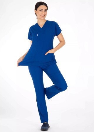 Saks Mavi Likralı İnce Scrubs Flex Doktor Hemşire Forması Takımı