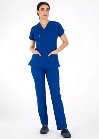 Saks Mavi Likralı İnce Scrubs Flex Doktor Hemşire Forması Takımı