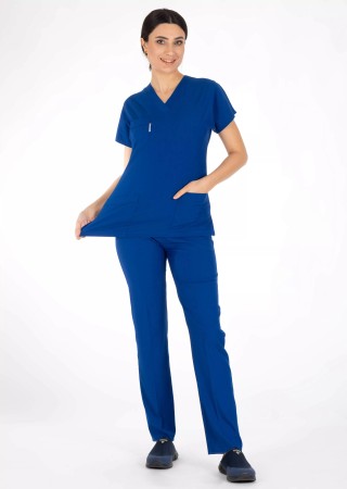 Saks Mavi Likralı İnce Scrubs Flex Doktor Hemşire Forması Takımı
