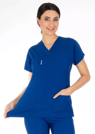 Saks Mavi Likralı İnce Scrubs Flex Doktor Hemşire Forması Takımı