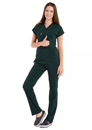 Ördekbaşı Yeşili Likralı İnce Scrubs Flex Doktor Hemşire Forması Takımı