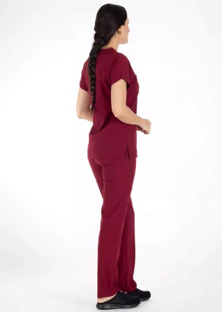 Bordo Likralı İnce Scrubs Flex Doktor Hemşire Forması Takımı