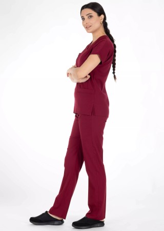 Bordo Likralı İnce Scrubs Flex Doktor Hemşire Forması Takımı