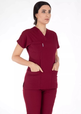 Bordo Likralı İnce Scrubs Flex Doktor Hemşire Forması Takımı