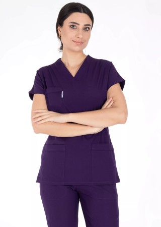 Koyu Mor Likralı İnce Scrubs Flex Doktor Hemşire Forması Takımı