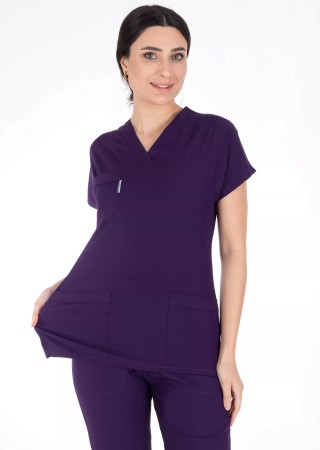 Koyu Mor Likralı İnce Scrubs Flex Doktor Hemşire Forması Takımı