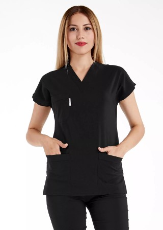 Siyah Likralı İnce Scrubs Flex Doktor Hemşire Forması Takımı