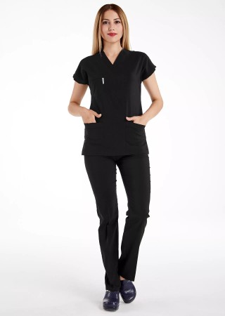 Siyah Likralı İnce Scrubs Flex Doktor Hemşire Forması Takımı