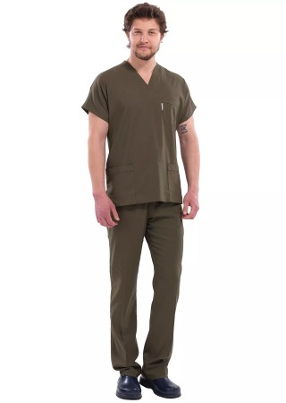 Erkek Haki Likralı İnce Scrubs Doktor Forması Takımı