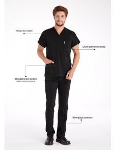 Erkek Siyah Likralı İnce Scrubs Doktor Forması Takımı 2