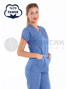 Kadın Fırtına Mavi Pamuklu Scrubs Doktor ve Hemşire Forması
