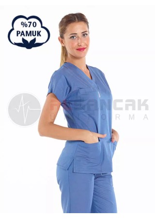 Kadın Fırtına Mavi Pamuklu Scrubs Doktor ve Hemşire Forması