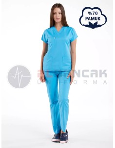 Turkuaz Mavi Pamuklu Scrubs Doktor ve Hemşire Forması 2