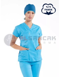 Turkuaz Mavi Pamuklu Scrubs Doktor ve Hemşire Forması