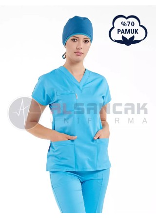 Turkuaz Mavi Pamuklu Scrubs Doktor ve Hemşire Forması