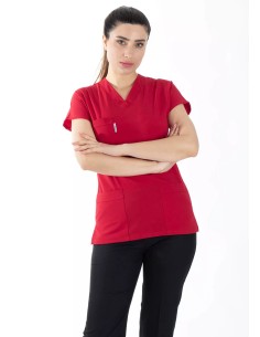 Kırmızı/Siyah Likralı İnce Scrubs Flex Doktor Hemşire Forması Takımı
