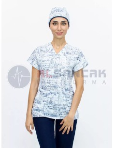 Kadın Lacivert Yazılı Splash Desenli Doktor ve Hemşire Forması Üstü