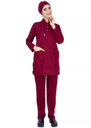 Bordo Likralı İnce Tesettür Hemşire Doktor Forması Takımı