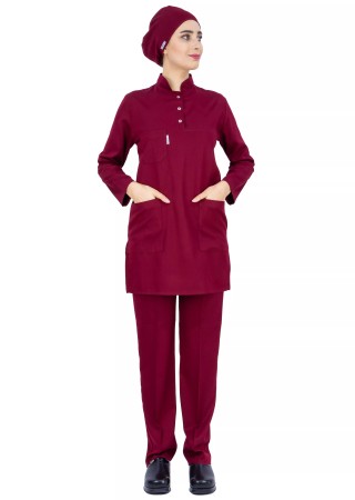 Bordo Likralı İnce Tesettür Hemşire Doktor Forması Takımı
