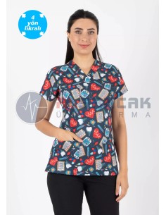 Scrubs Flex Kalp Desenli Doktor ve Hemşire Forması Üstü
